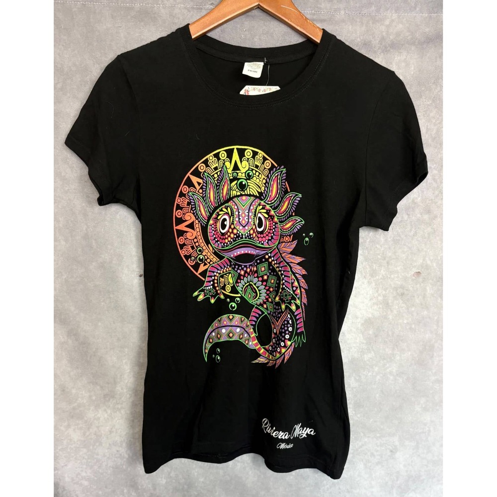Prime Riviera Maya Mexico Neon Axolotl Graphic T-Shirt Black Womens Large NWT